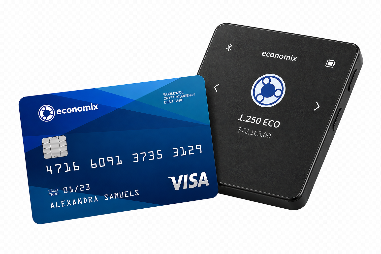 Economix branded debit card and hardware wallet device