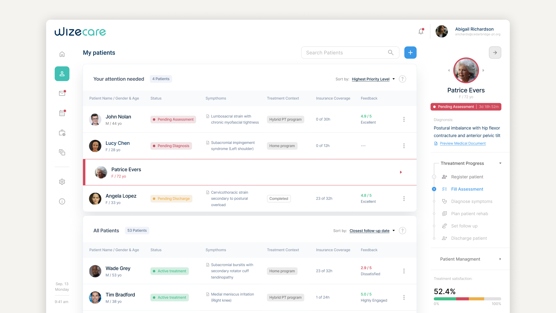 Patient management screen